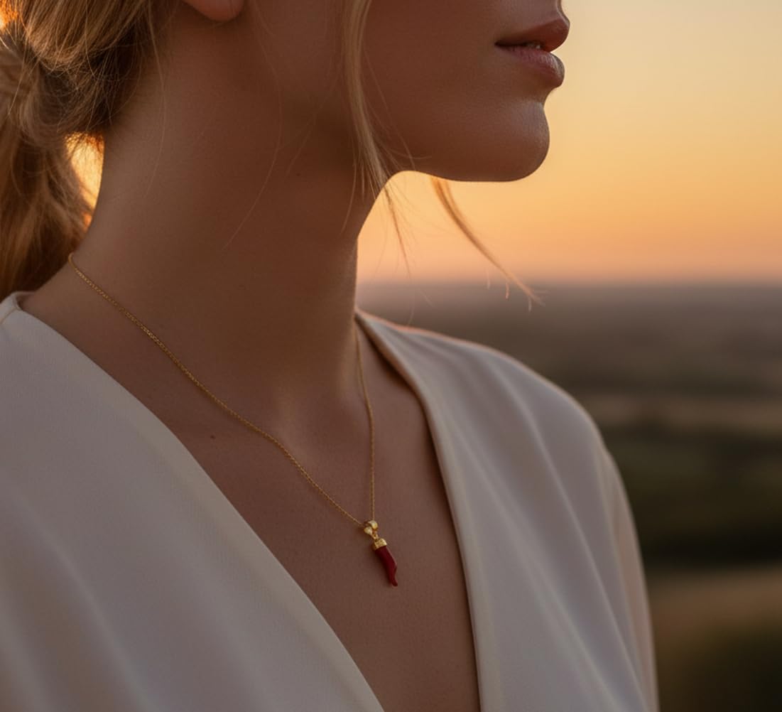 Collana con Cornetto Portafortuna in Corallo Rosso del Mediterraneo e Argento 925 Placcato Oro