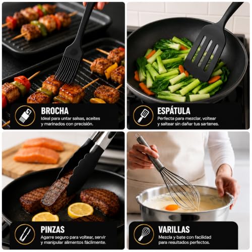 Miniatura 8 de Wolfwake 13 Piezas Utensilios De Cocina De Silicona - Menaje De Cocina, Con Paletas De Cocina, Cucharones De Cocina, Pinzas De Cocina, Bote Utensilios Cocina, Resistentes Al Calor Y Antiadherente.