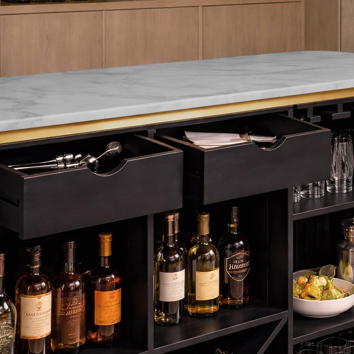 Image of The Attic Carlston Bar Cabinet for Home, Hard and Soft Drinks Bar Storage Cabinet, Wine Whisky Scotch, Solid Mango Wood, Black Matte Finish with Ceramic Marble Top