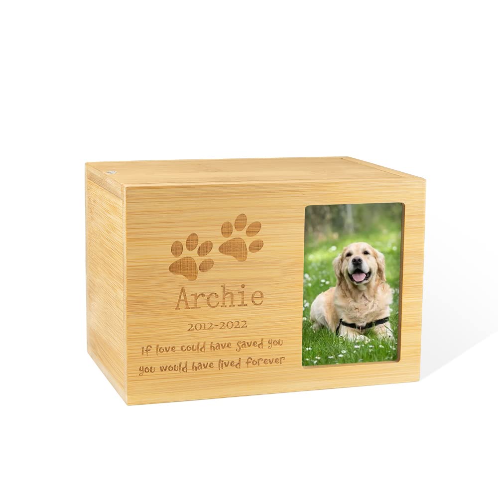 GSTFY Personalised Pet Urns Wooden Dog/Cat Ashes Box with Photo and Engraved Text Memorial Sympathy Keepsake Remembrance Gift for Pet Lovers Grieving Owners