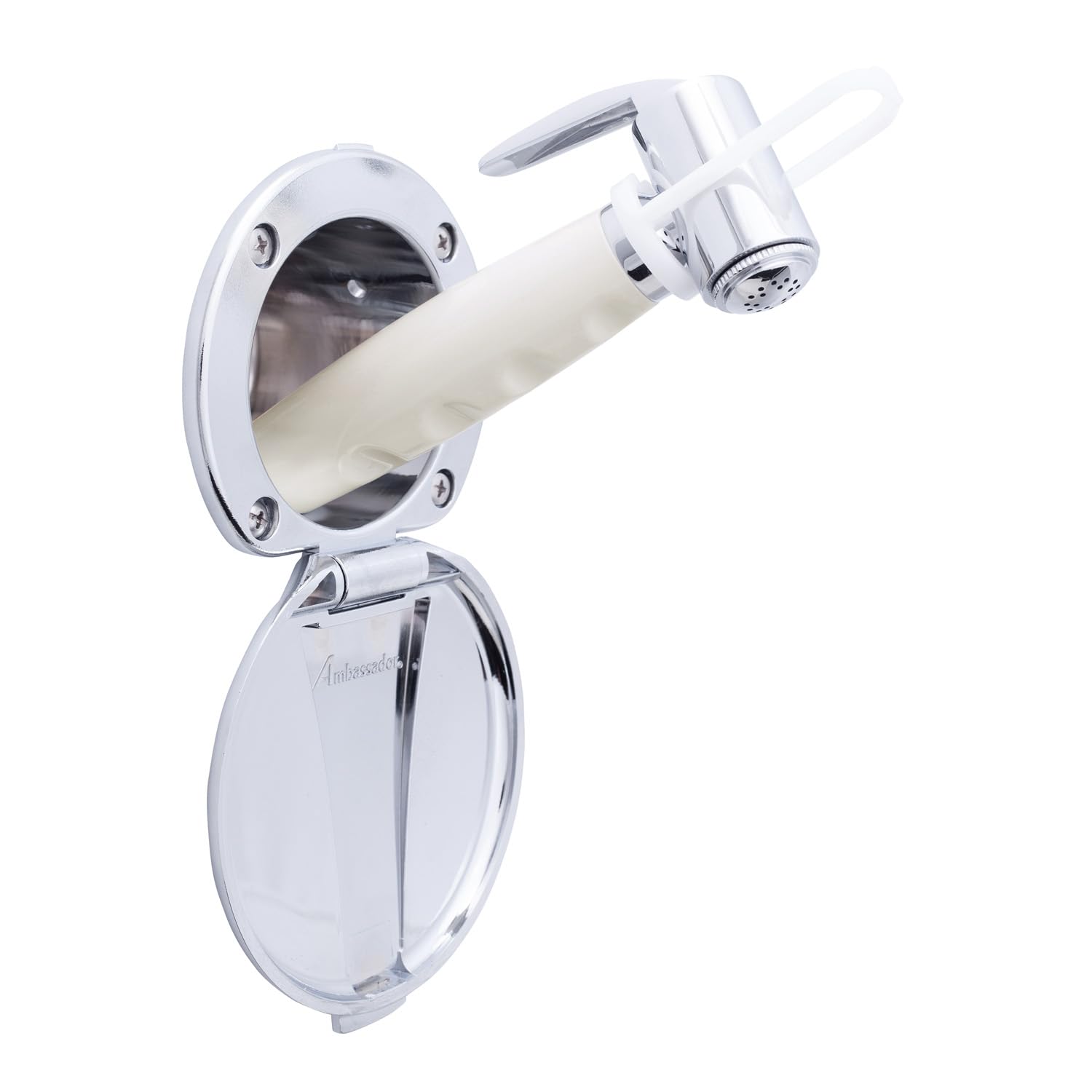 Recessed Shower- Chrome Cup & Lid, Hammer-Head Warm White Sprayer, 6' White Rubber Hose - 136-0012-CW-W