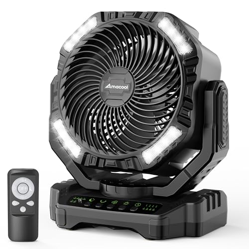 AMACOOL 20000mAh Rechargeable Camping Fan, Battery Operated Fan with Light, 70Hrs Work Time, 4 Speed, Auto Oscillating, 8H Timer Outdoor Fan with Hook for Tent RV Emergency Garage (Black