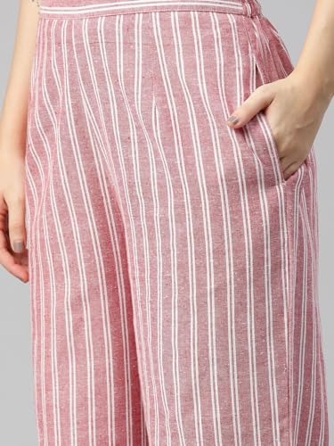 Image of Cottinfab Women Striped Red & White Front Tie-Up Top with Trousers Co-ord Set