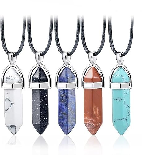 OFKPO 5 Pièces Pierre Precieuse Collier, Pierre Pointe Pendentif Collier Hexagonale Cristal de Roche Pierre Naturelle