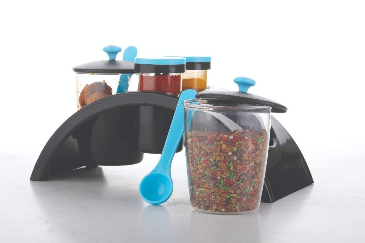 UK Enterprise Pickle/Achar Jar Set 2 with Spoon, Salt & Pepper Set 2 for Dining Table Stand (4 in 1) Black & Blue. 1