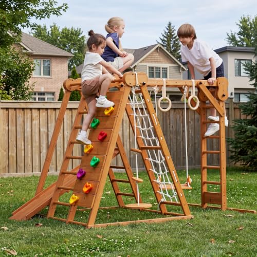 Image of Avenlur 8-in-1 Small Indoor /Outdoor Playset - Foldable Wooden Kids Play Set for Backyard - Kid Playground for Toddlers Age 2-6 with Slide, Monkey Bars, 2 Ladders, 2 Swings, Rock Climbing, Gym Rings