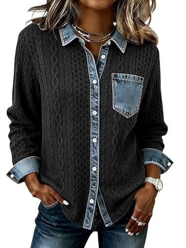 GUNEST Womens Shacket Denim Patchwork Button Down Loose Jackets Top Coats
