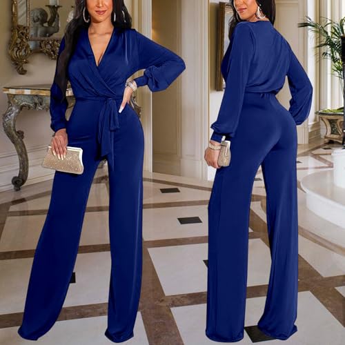 Image of shengfan Formal Jumpsuits for Women Dressy Evening Sexy Deep V Neck Plus Size Long Wide Leg Pants Rompers Clubwear