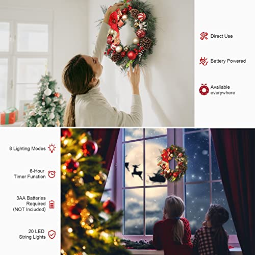 Laxmax Christmas Wreath With Lights, Red&Gold Theme 24In 20Led Pre-Lit Christmas Wreath With Ribbon, Ball Ornaments, Pine Cones And Berries For Door Window Mantle Indoor Outdoor Christmas Decoration #TOP3