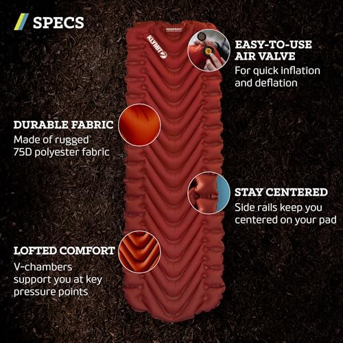 Image of KLYMIT Insulated Static V Inflatable Sleeping Pad | Comfortable, Lightweight, Easy to Inflate, Portable Air Bed Mattress for Camping, Backpacking and Hiking - Red