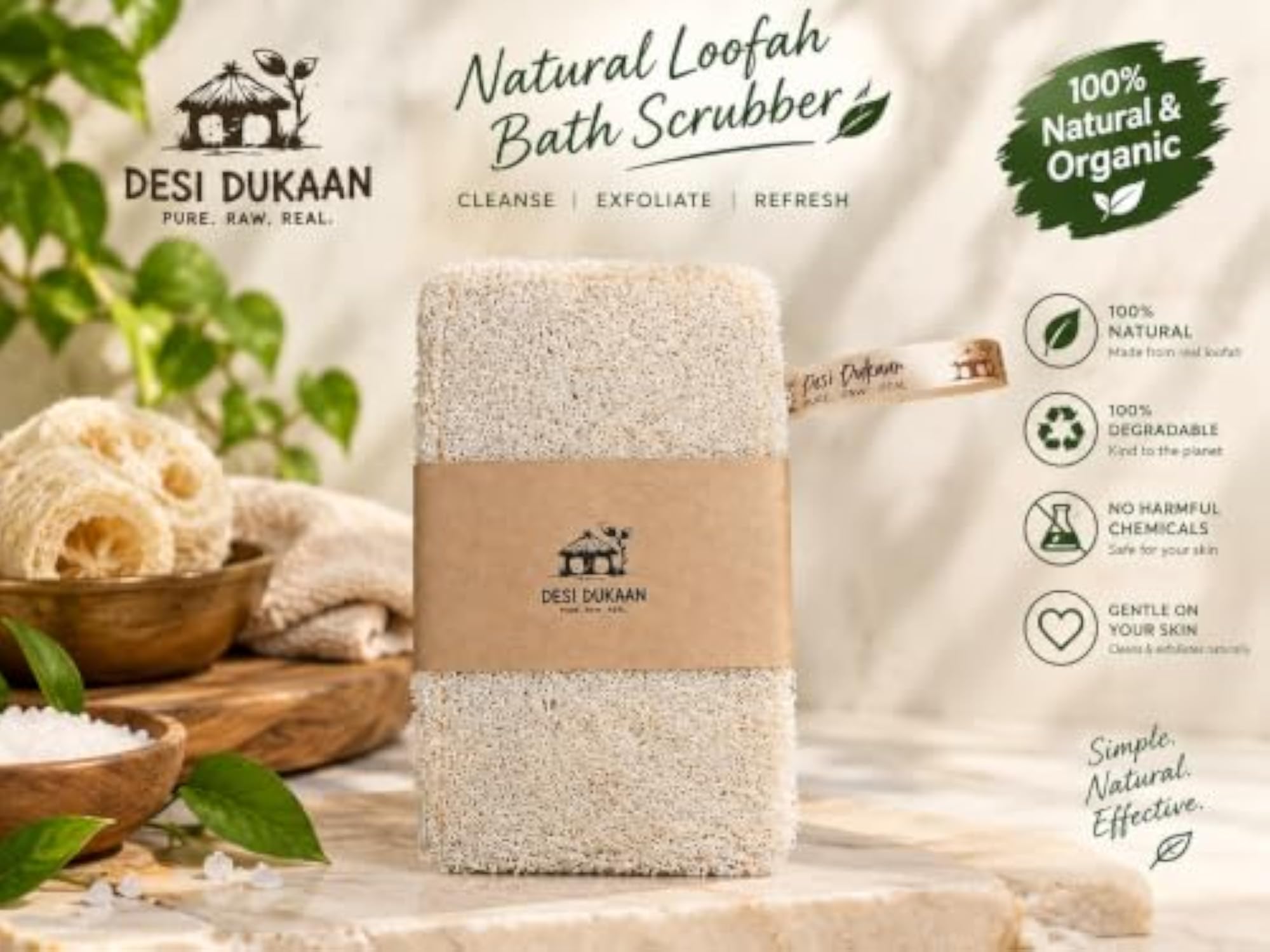 Natural Sun Dried Bath Loofah, Body Sponge & Scrubber Pack of 2