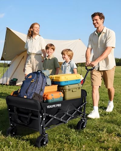 YEAUPE PRO Bollerwagen Faltbar, 125L 100KG Belastbar, All Terrain Bollerwagen mit 2 Wasserflaschentaschen und 1 Netztasche, Handwagen für Garten/Strand/Camping