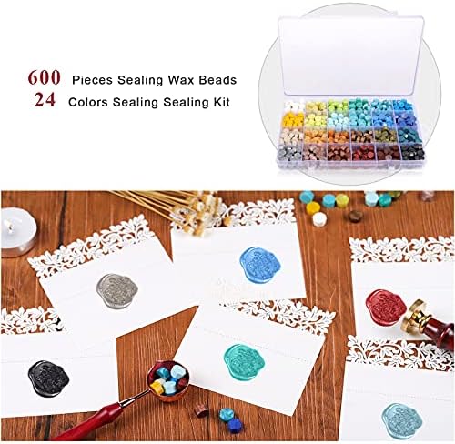 XiYee Sealing Wax Beads Set, 600 Pieces Octagonal Sealing Wax Beads, 24 Colours Sealing Wax Beads with 1 Spoon and 2 White Candles for Wax Envelopes, Letters, Wedding Invitations, Cards
