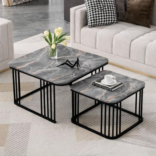 Image of Brown Art SHOPPEE Square Coffee Table Home Decor Furniture Coffee Table Sets,2 Piece MDF Top,Stacking Nesting Table with Iron Frame for Living Room Living Room or Lounge (Grey & Black)