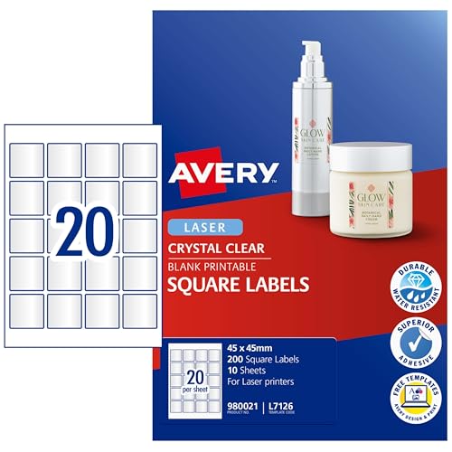 Avery Australia Crystal Clear Square Labels - Printable Product Stickers - Self Adhesive Sheets for Laser Printers - 45 x 45 mm 10 x A4 Sheets - 980021/ L7126