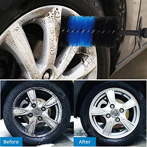 AUTOUTLET 11Pcs Wheel & Tire Brush,Car Detailing Kit 17inch Long Wheel Brush,5Pcs Detailing Brushes,3 Mini Wire Brushes,Short Tire Brush&Car Wash Mitt for Dirty Tire,Engine, Motorcycle (Blue&Black)