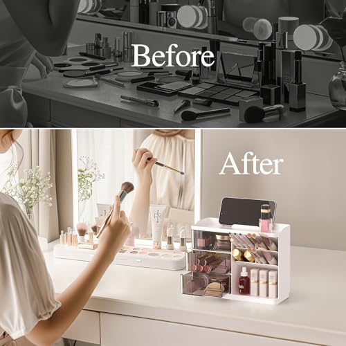 Delamu Makeup Organizer with Drawers, Multi-Function Vanity Organizer Countertop, Stackable Desk Organizer for Makeup Brush Lipstick Skincare Bathroom Vanity Organization and Storage, White - Image 4