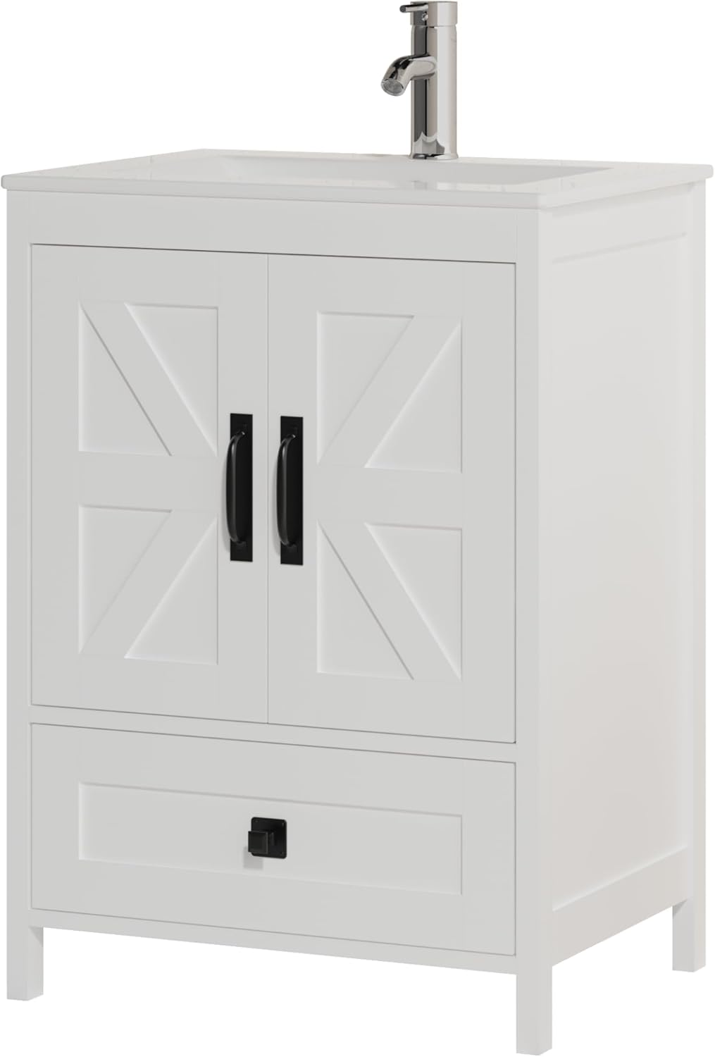 24 Inch Farmhouse Bathroom Vanity with Ceramic Sink, Wooden Cabinet with Undermount Sink, Bathroom Storage Vanity with Sink-Combo Set, 2 Doors, Faucet, 1 Drawer (White, 24")