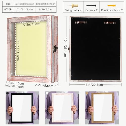Image of TJ.MOREE Shadow Box 8 x 10 Display Case Wood Picture Frame White Pink | Memory Box with Linen Back for Memorabilia, Bouquet, Military Medals, Pet Memorial Gifts