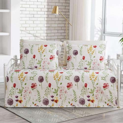 Image of Jarson 3 Pcs Floral Daybed Cover Set Twin Size Purple White Dandelion Flower Sofa Cover Bedding Sets Double Side Bed Set for All Season Botanical Pattern Daybed Quilt Set with Pillow Shams