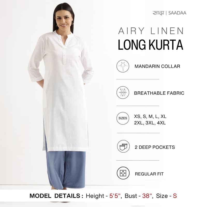 Image of SAADAA Women's Linen Straight Fit Straight Long Kurta Airy Plain Kurta, 3 /4 Sleeve, Knee Length Kurtis with Pockets, Casual and Office Wear
