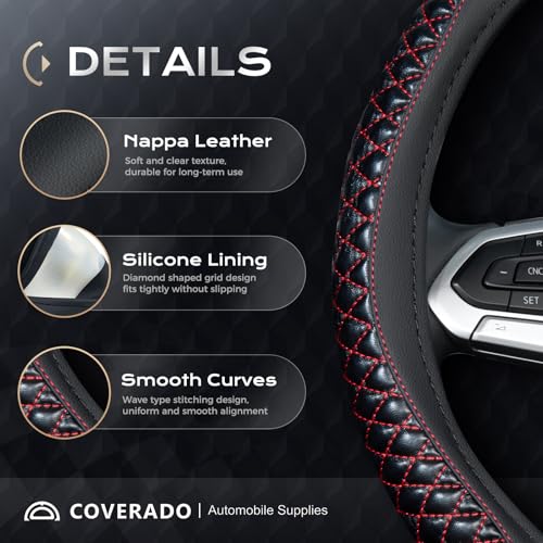 Image of Coverado Car Steering Wheel Cover, Nappa Leather Black & Redline Steering Wheel Covers, Universal 14-15 inch, Anti-Slip, Breathable Steering Wheel Protector for Women Men