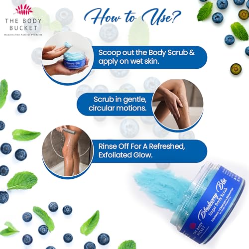 Image of The Body Bucket Blueberry Bliss Sugar Body Scrub- 200g | Included Free Bath Bomb | 3-in-1 Exfoliator, Cleanser, Moisturizer | De-Tan & Brightens Dark Areas| Smooths Strawberry Legs & Arms | Sulfate & Paraben Free
