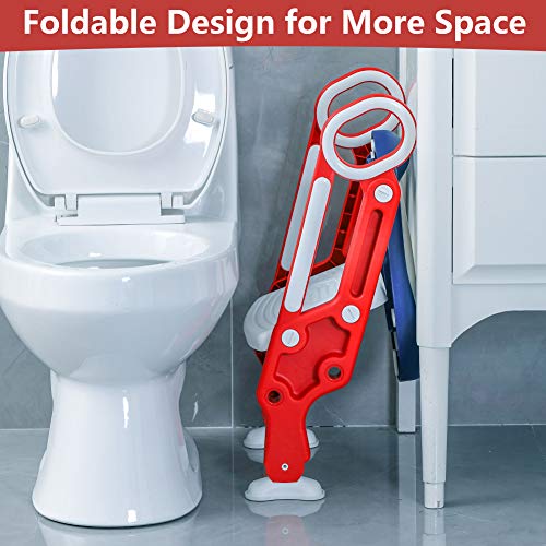 Potty Training Toilet Seat with Step Stool Ladder for Kids Children Baby Toddler Toilet Training Seat Chair with Soft Cushion Sturdy and Non-Slip Wide Steps for Girls and Boys (Blue Red)