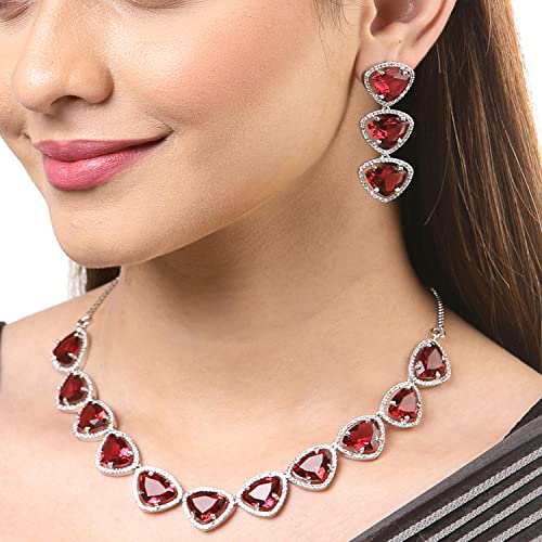 Image of ZENEME Rhodium Plated Silver Toned Triangular Shaped American Diamond Studded Jewellery Set For Women and Girl