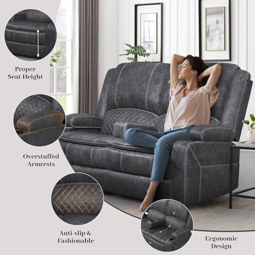 Yolsali Loveseat Recliner Sofa, Manual Reclining Loveseat with Removable Armrest, Dutch Velvet Recliner Loveseat for Adults with 2-Tier Cushions, USB Charging Ports, Cup Holders - Grey