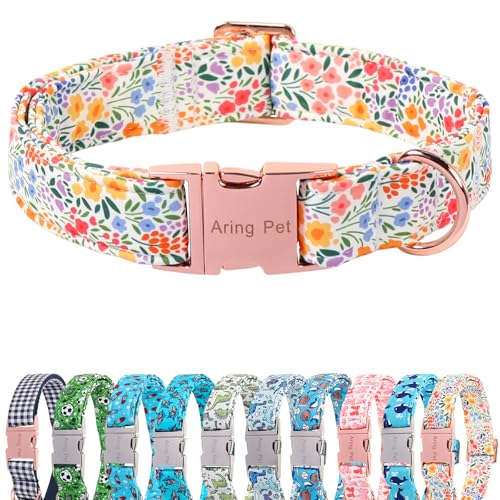 Image of ARING PET Girl Dog Collar for Puppy Small Medium Large Dogs-Wild Floral S | Cute Colorful Floral Heavy Duty Pet Collars with Metal Buckle for XS S M L XL Dogs, for Daily Walk Camping Trip Photoshoots