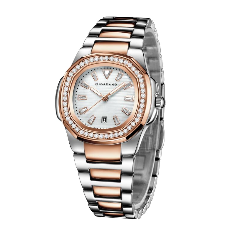 Image of Giordano Luxury Analog Quartz Watch for Women with Square Textured Dial, Crystal Indices, Date Display Function and Stainless Steel Strap - GZ-60116