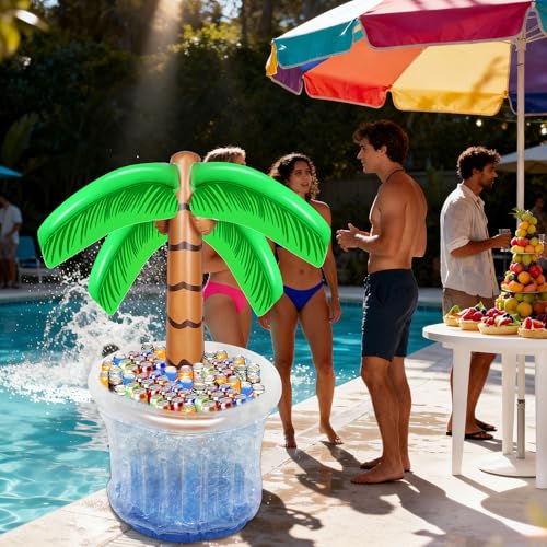 Zcaukya Inflatable Palm Tree Cooler, 60" Blow Up Palm Tree Cooler for Tropical Party Decorations, Hawaiian Party Supplies Pool Decorations