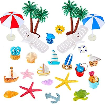 24 Pieces Hawaiian Beach Cake Decoration Green Palm Tree Cake Toppers Summer Chair Umbrella Toppers for Hawaiian Beach Theme Birthday Wedding Baby Shower Party Supplies