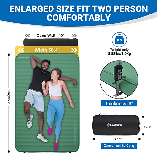 Kingcamp Double Self Inflating Camping Sleeping Pad Foam Air Mattress R Value: 9.5, Portable 3 Inch Large Thick Self Inflatable Mattress For 2 Two Person, Couple, Green #TOP4