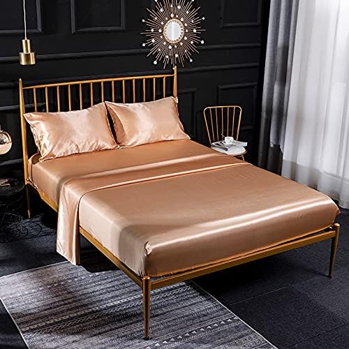 Thmyo Satin Bed Sheet Set,Extra Soft Deep Pocket Silky Satin Sheet Set with 1 Fitted Sheet +1 Flat Sheet + 2 Pillow Cases (4-Piece Beige, Queen)