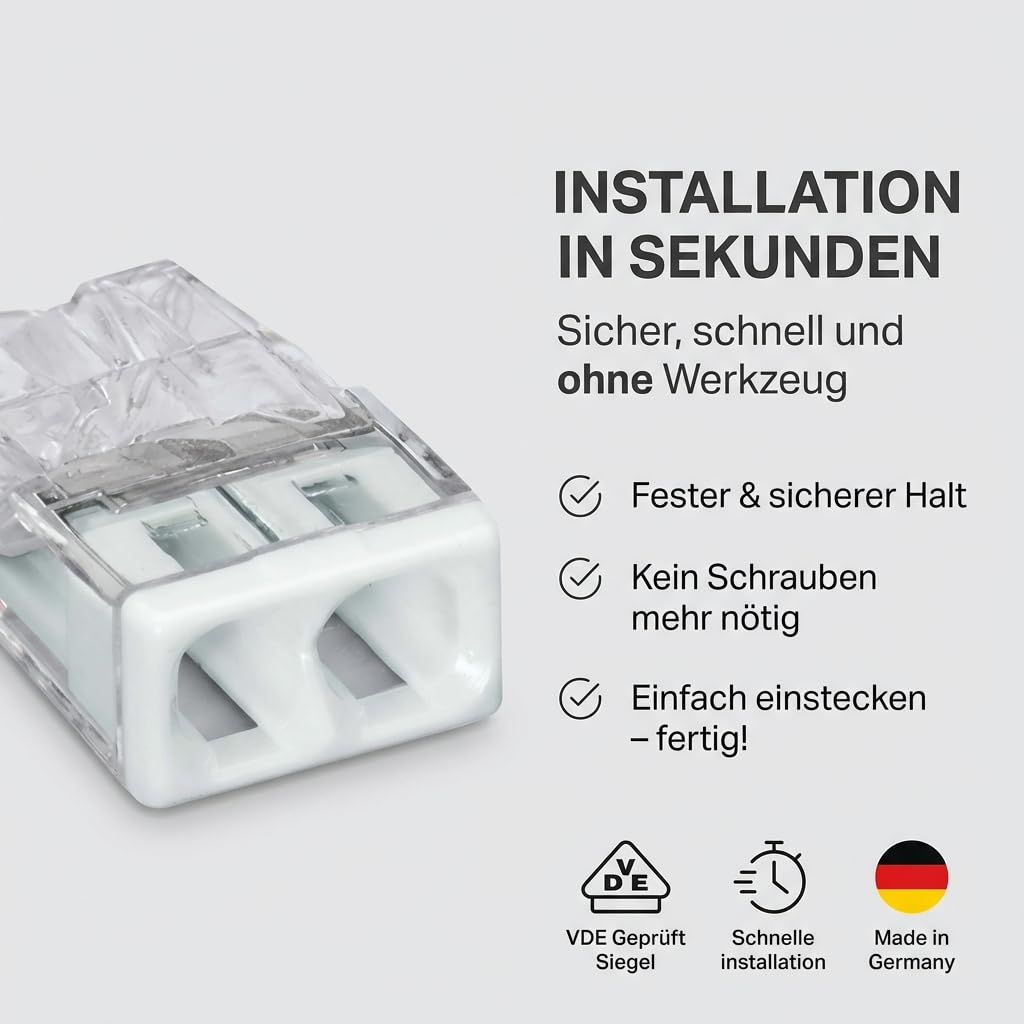Verbindungsklemmen Set 250 Stück – enthält Original WAGO Klemmen Set Serie 2273 (2-, 3-, 4-, 5-, 8 polig) – Installationsklemmen in wiederverschließbarer Box