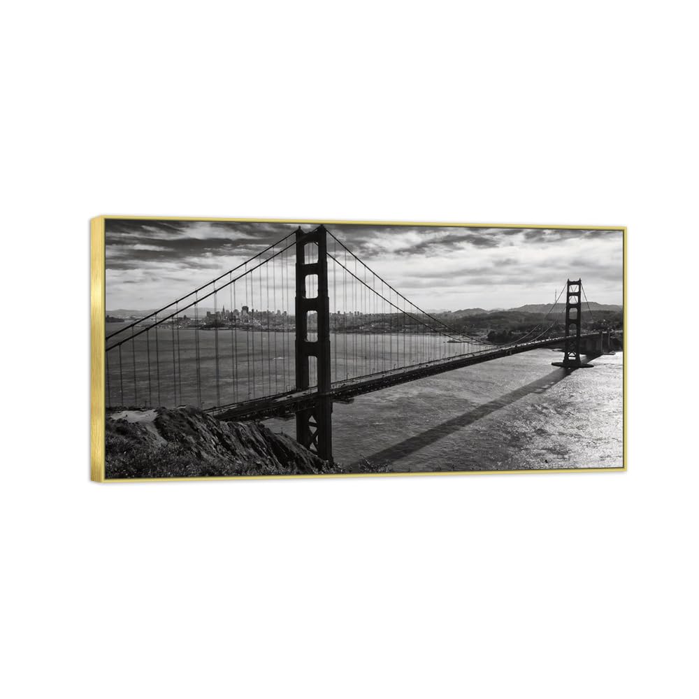 OZPWBVY Sea Bridge Black White Landscape Canvas Picture 60x120cm Gold Frame