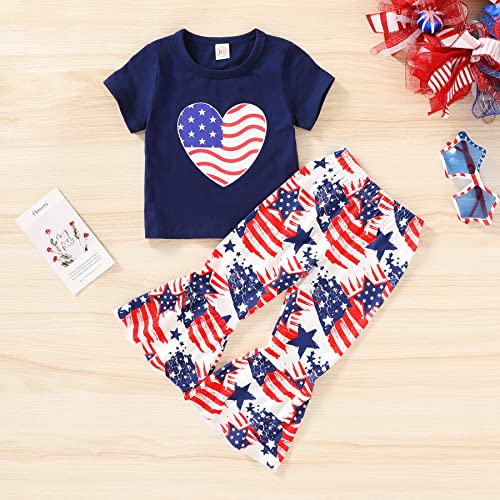 Younger Tree Toddler Girl 4Th Of July Outfit American Flag Heart Pattern T-Shirt And Flared Bell-Bottom Pants Baby Summer Clothes (Blue, 12-18 Months) #TOP1