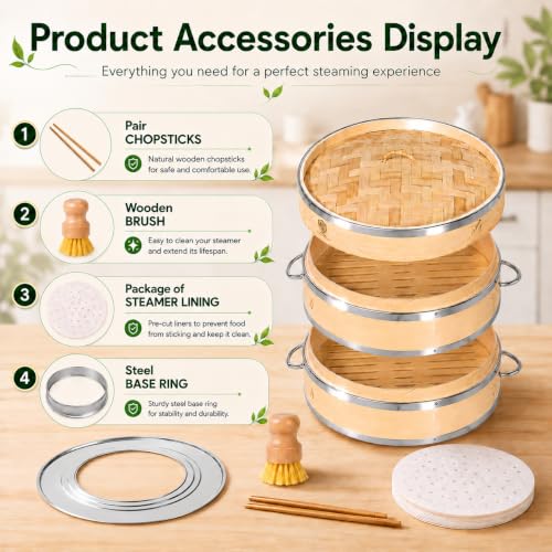 2-Tier Bamboo Seafood Steamer Basket 10 Inch for Cooking Dumplings, Vegetables, Seafood, Dim Sum & Bao Bun – Stainless Steel Reinforced Steaming Pot with Accessories by Simba Core & Craft - Used condition - Image 4