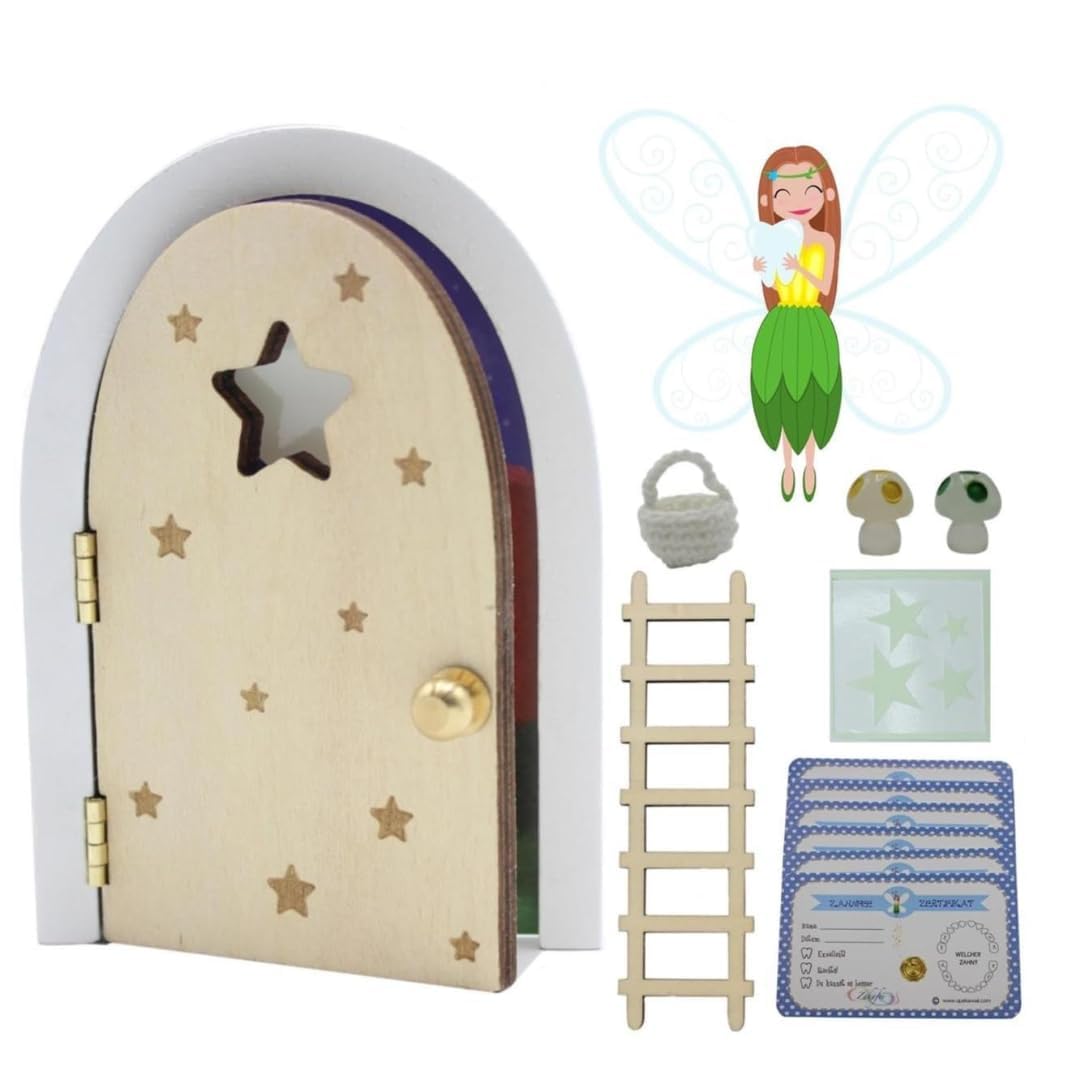 Qué Kawaii® Tooth Fairy Door that Opens and Shines in THE Dark!!! Wooden Door and Stairs to Paint and Customize+Crochet Bag+Stars+Two Mushrooms that Glow in the Dark+6 certificates