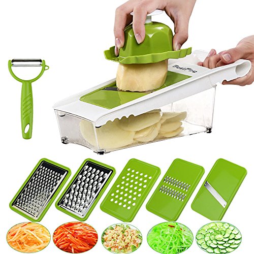 BestFire Adjustable Mandoline Slicer Vegetable Slicer Grater Cutter Chopper, Julienne Slicer Food Slicer with 5 Interchangeable Blades Food Container Safety Holder Vegetable Peeler (Green)