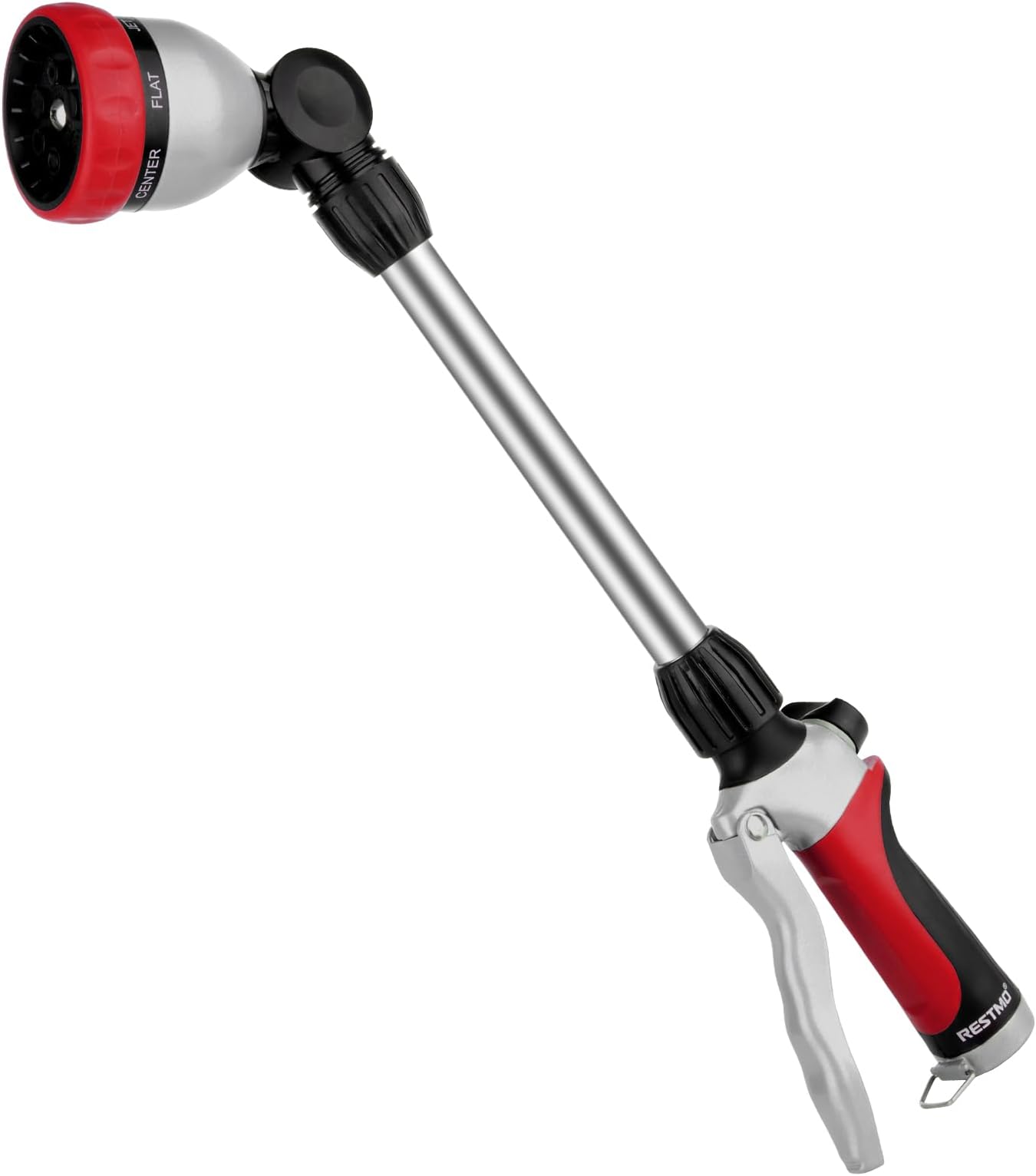RESTMO Metal Watering Wand, Heavy Duty Garden Hose Wand with 180° Swivel Ratcheting Head, 16'' Hose Nozzle Sprayer with 7 Spray Patterns and Flow Control, for Water Hanging Baskets and Shrubs, Red
