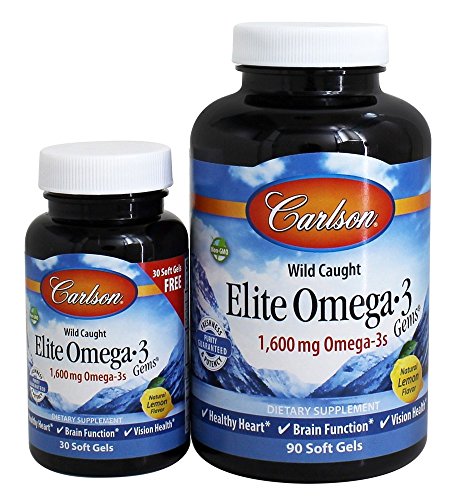 Carlson - Elite Omega-3 Gems, 1600 mg Omega-3 Fatty Acids Including EPA and DHA, Norwegian, Wild-Caught Fish Oil Supplement, Sustainably Sourced Omega 3 Fish Oil Capsules, Lemon, 90+30 Softgels