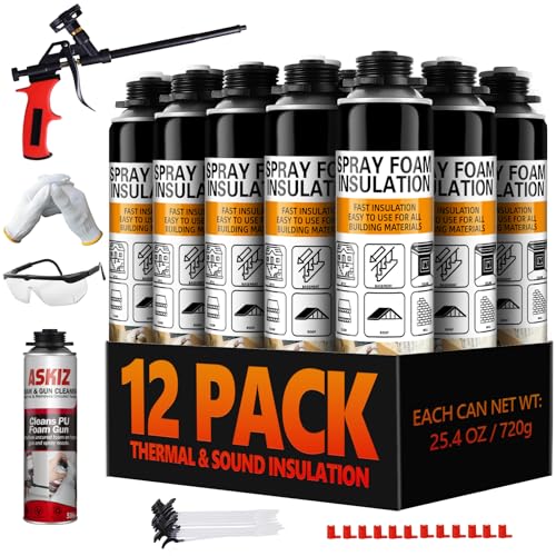 Spray Foam Insulation - Closed Cell Insulation Spray Foam 25.4 oz. Wall & Attic Acoustic Expanding Sealant, Covers Up to 240 Board Feet, Gun & Cleaner Included, 12 Pack
