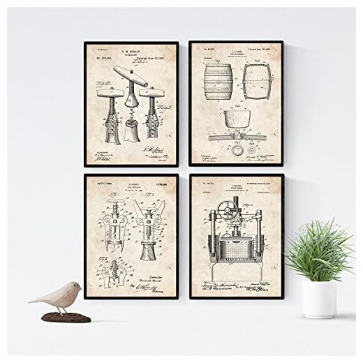 Nacnic Vintage - Lot de 4 Feuilles avec VIN PATENTS. Définir des Affiches avec des Inventions et des Anciens Brevets. Choisissez la Couleur Que Vous Aimez. Imprimé sur de Haute qualité de 250 grammes