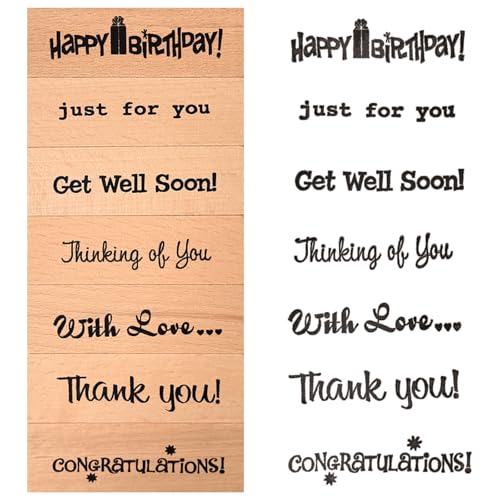 7-Piece Handmade Sentiment Wood Stamp Set - for Gift Packaging: Thank You Just for You Happy Birthday Thinking of You with Love Congratulations- for DIY Crafts Journals Card Making Supplies