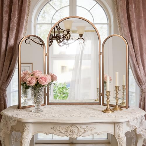 BAODANFU Vintage Gold Trifold Vanity Mirror, 3 Way Mirror for