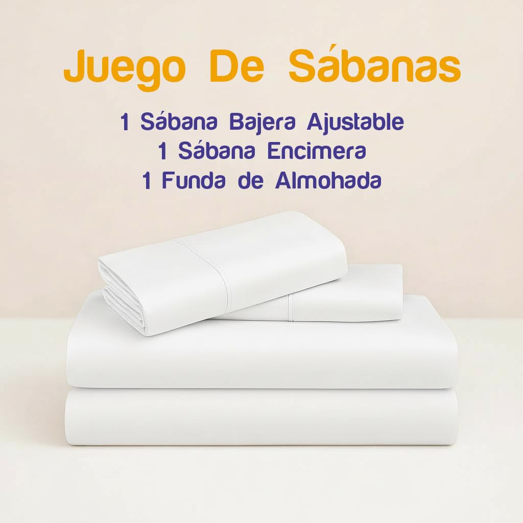 SABANALIA - Juego de Sabanas 90x190 de Hostelería | Blanco | 3 Piezas | Sábana Encimera, Sábana Bajera Ajustable y Funda Almohada | Cama 90x190 | 50% Algodón - 50% Poliéster