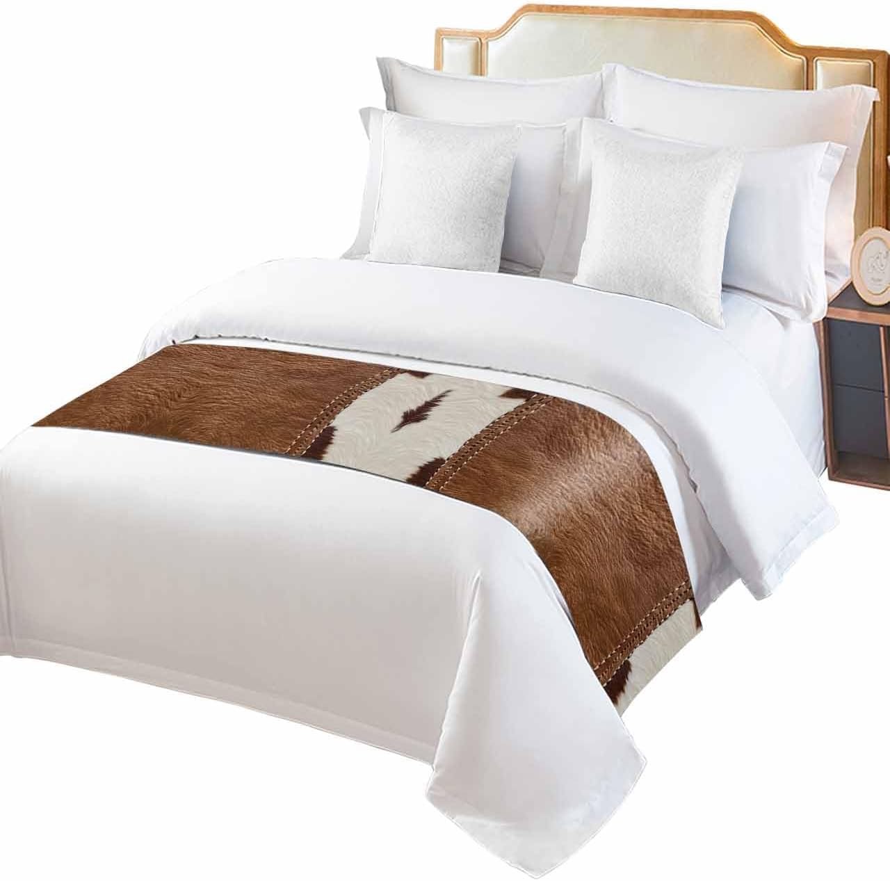 Western Cow Leather Texture Bed Runners for Bedroom Hotel,Decorative Bedding Scarf Abstract Brown White Cow Print Bed End Blanket Bedding Runner Scarves for King Size Beds,102x20in
